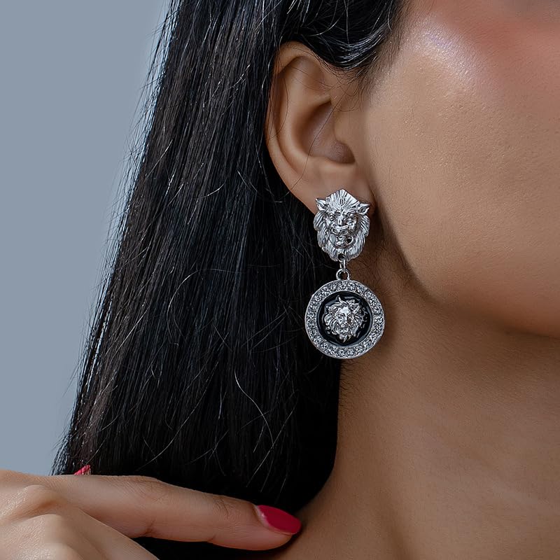 Gold Lion Head Statement Earrings for Women – Crystal Rhinestone Drop Dangle Earrings with Black Enamel Accents – Bold Fashion Jewelry, Gift for Her