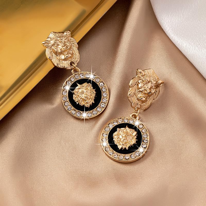 Gold Lion Head Statement Earrings for Women – Crystal Rhinestone Drop Dangle Earrings with Black Enamel Accents – Bold Fashion Jewelry, Gift for Her
