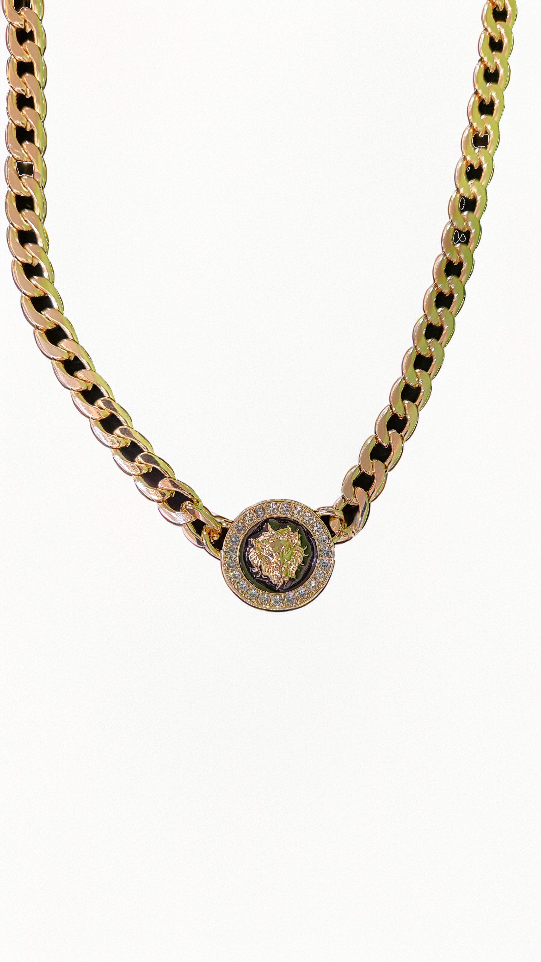 Lion Head Crystal Rhinestone Choker Necklace – Gold Plated Cuban Chain Statement Collar Jewelry for Women