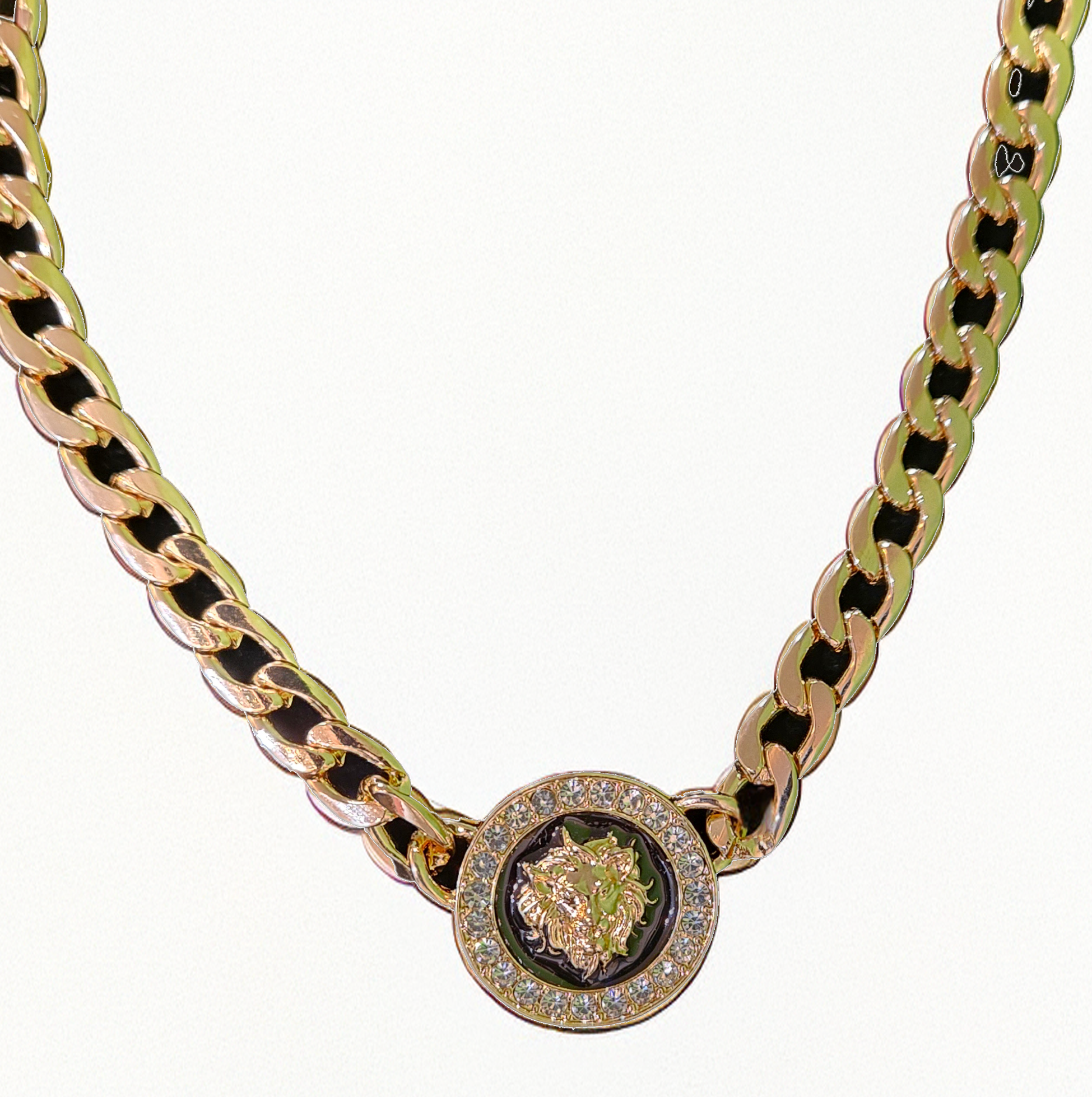 Lion Head Crystal Rhinestone Choker Necklace – Gold Plated Cuban Chain Statement Collar Jewelry for Women