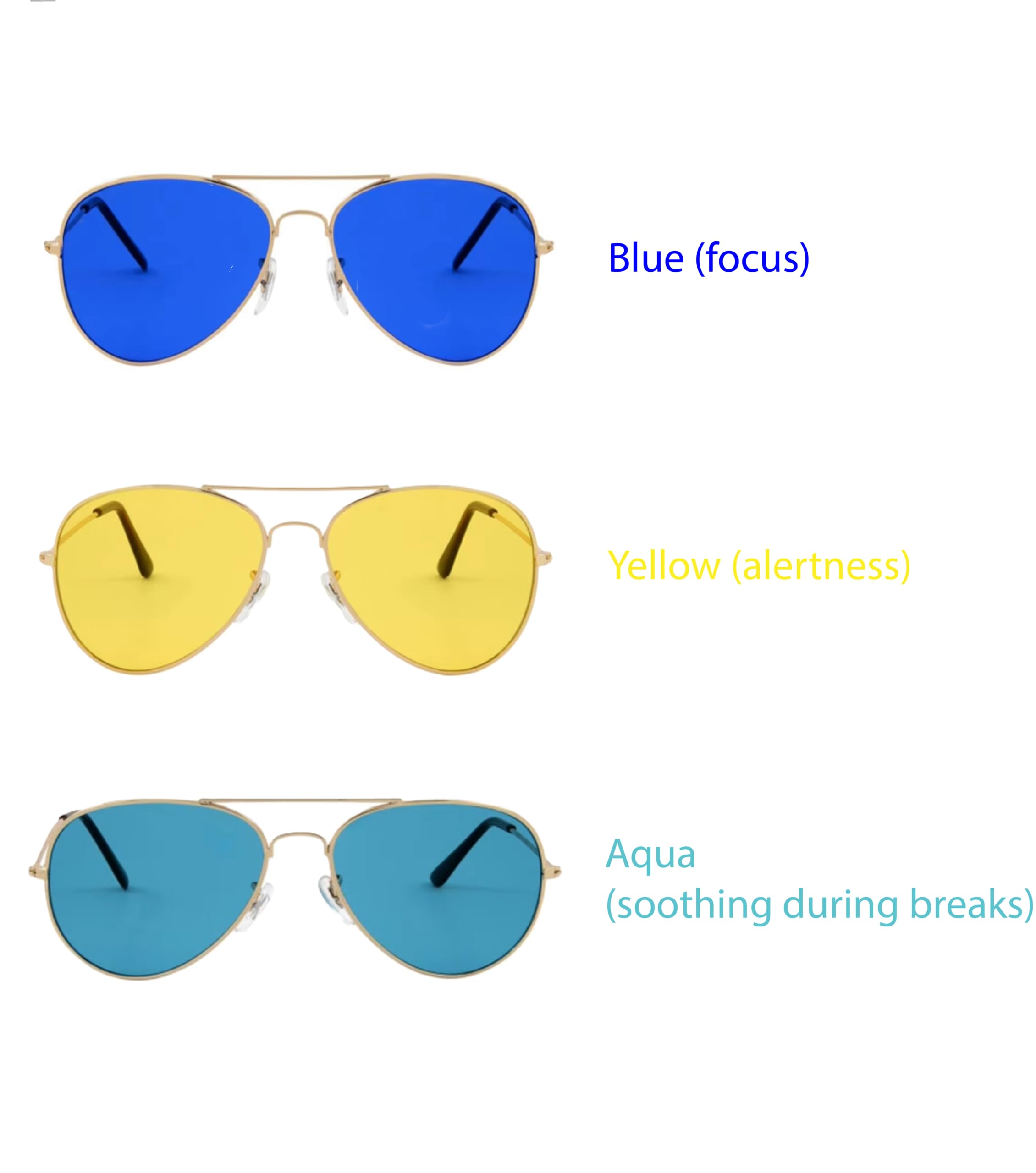 Remote Work Clarity Kit – Aviator Style Color Therapy Glasses 3-Pack for Focus, Calm, and Screen Breaks – Yellow, Blue, Aqua Tinted Lenses – Unisex Fit for Remote Workers, Students, and Gamers