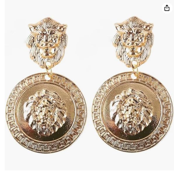 Gold Lion Head Statement Earrings for Women – Crystal Rhinestone Drop Dangle Earrings with Black Enamel Accents – Bold Fashion Jewelry, Gift for Her
