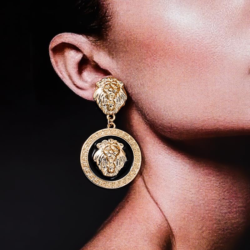 Gold Lion Head Statement Earrings for Women – Crystal Rhinestone Drop Dangle Earrings with Black Enamel Accents – Bold Fashion Jewelry, Gift for Her