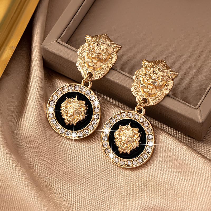 Gold Lion Head Statement Earrings for Women – Crystal Rhinestone Drop Dangle Earrings with Black Enamel Accents – Bold Fashion Jewelry, Gift for Her