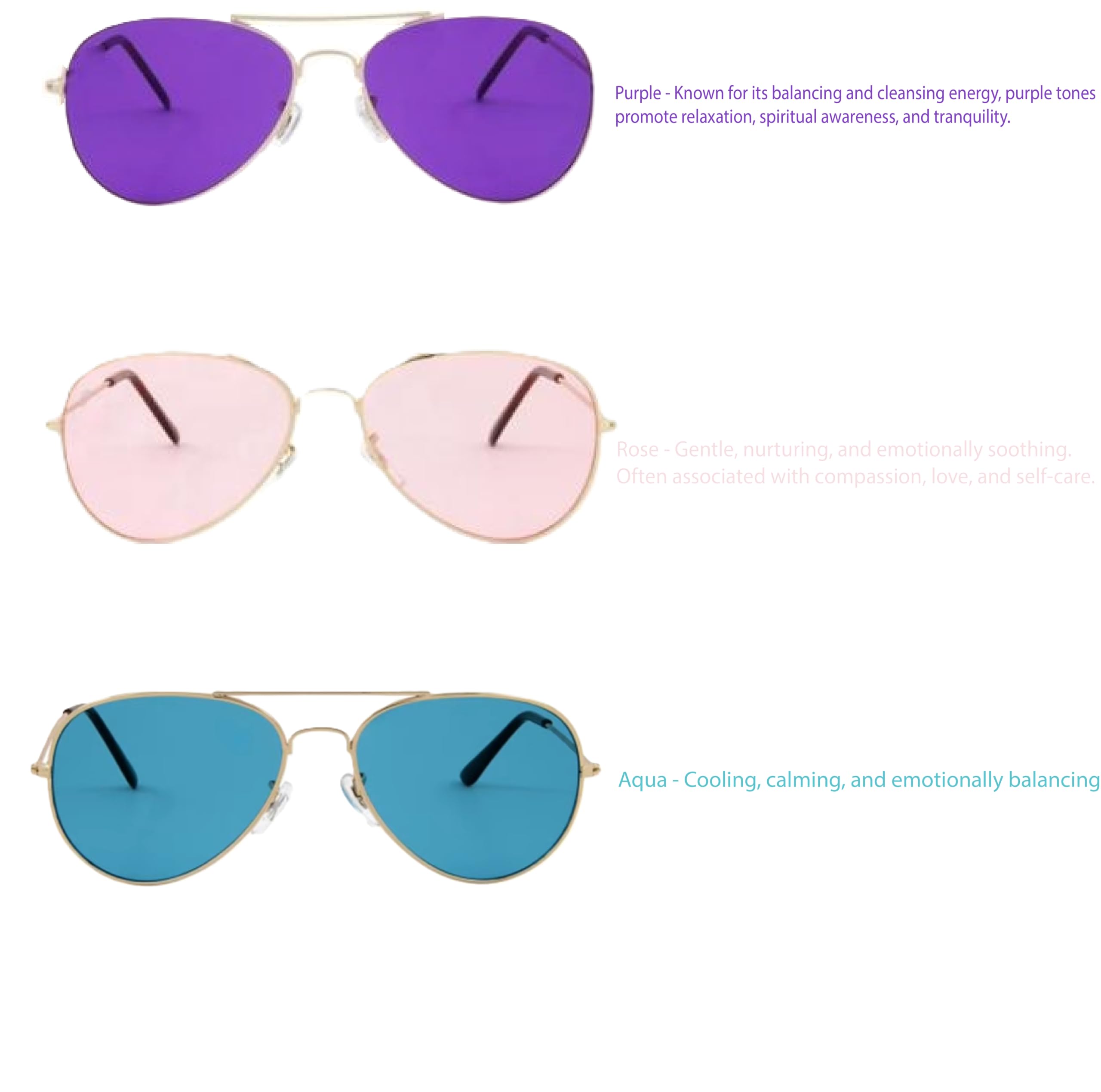 Aviator Style Color Therapy Glasses – Relaxation 3-Pack (Rose, Aqua, Purple) | Soothing Tinted Glasses for Stress Relief, Calm, and Better Sleep | UV400 Protection