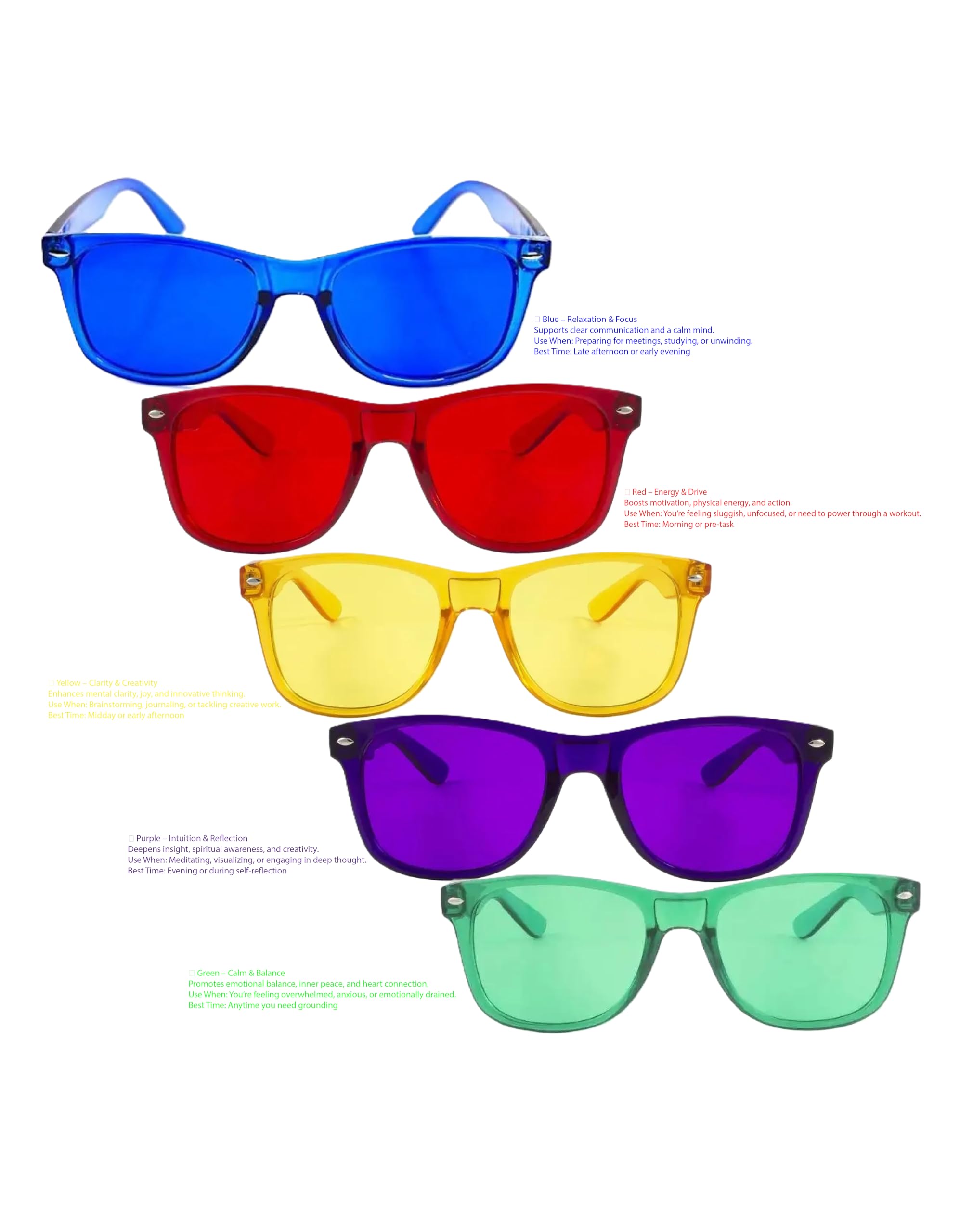 RobRia Mood Boost 5-Pack Color Therapy Glasses – Tinted Lens for Mood Enhancement, Chakra Balance, Meditation, Relaxation – Red, Yellow, Blue, Green, Purple
