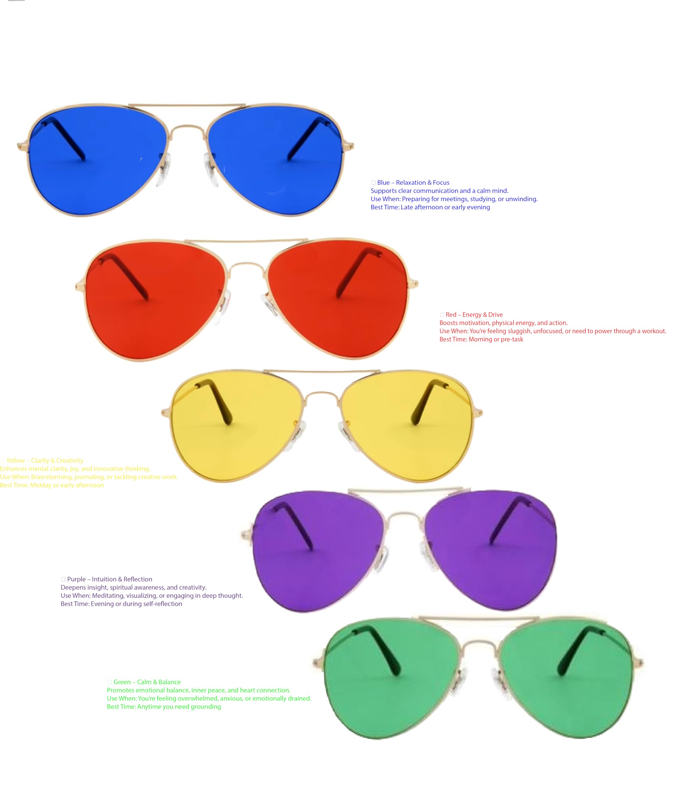 RobRia Mood Boost 5-Pack Aviator Style Color Therapy Glasses – Tinted Lens for Mood Enhancement, Chakra Balance, Meditation, Relaxation – Red, Yellow, Blue, Green, Purple
