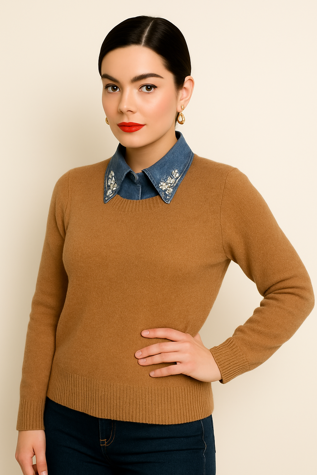 Korean Style Rhinestone Denim False Collar for Women – Detachable Pure Cotton Shirt Collar with Diamond Decoration