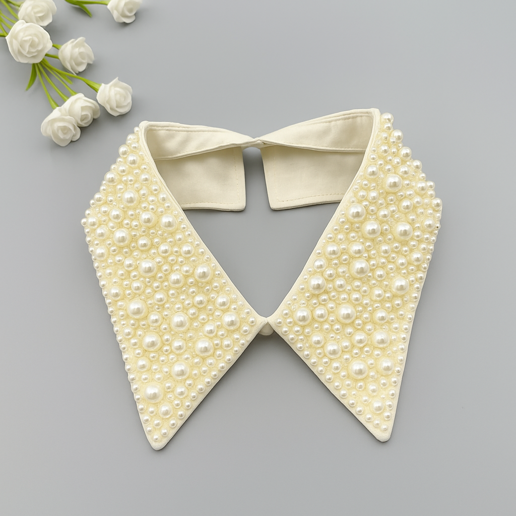 Detachable Fake Beaded Pearl Collar Accessory for Sweaters, Dresses & Blouses – Black or White Statement Collar