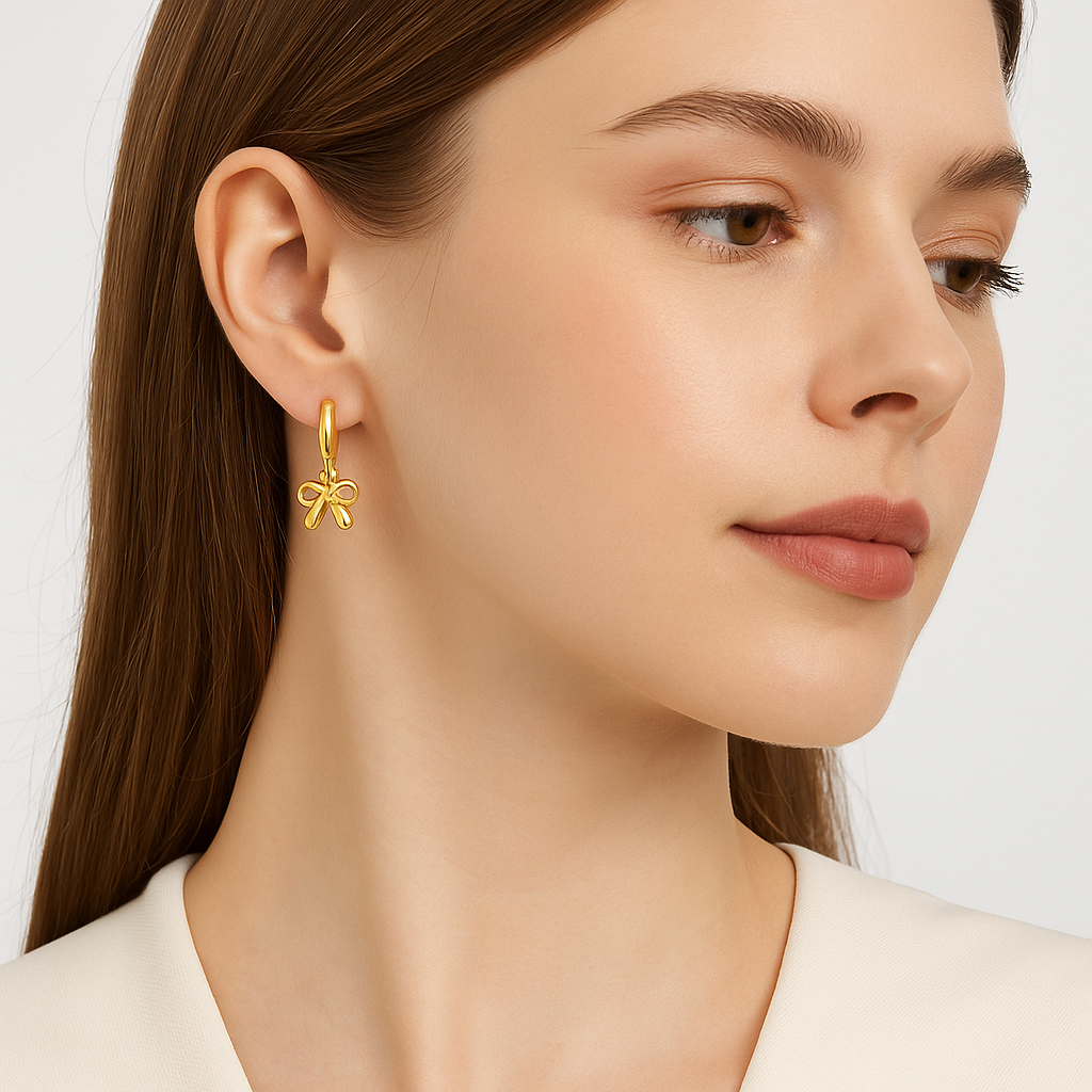 French Dainty Bow Dangle Huggie Hoop Earrings Waterproof 18K Gold Plated Stainless Steel Cute Bow Drop Earrings for Women Girls