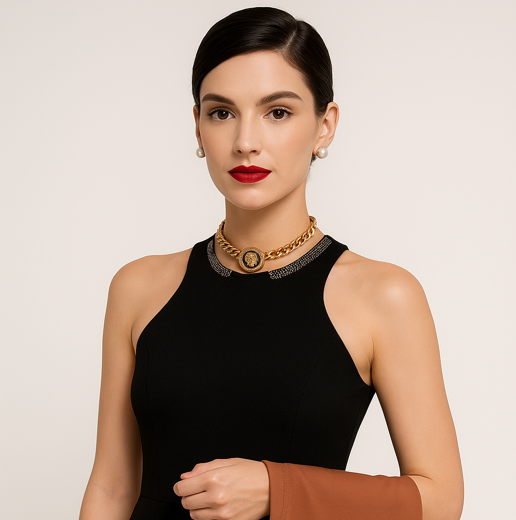 Lion Head Crystal Rhinestone Choker Necklace – Gold Plated Cuban Chain Statement Collar Jewelry for Women