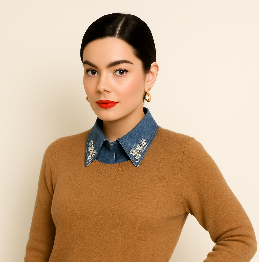 Korean Style Rhinestone Denim False Collar for Women – Detachable Pure Cotton Shirt Collar with Diamond Decoration