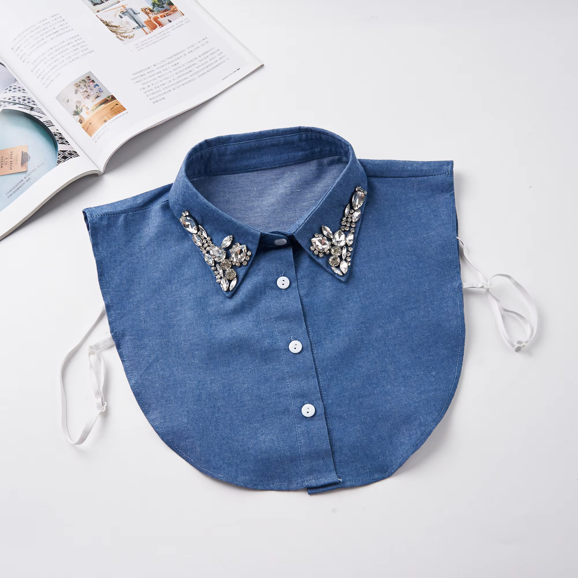 Korean Style Rhinestone Denim False Collar for Women – Detachable Pure Cotton Shirt Collar with Diamond Decoration