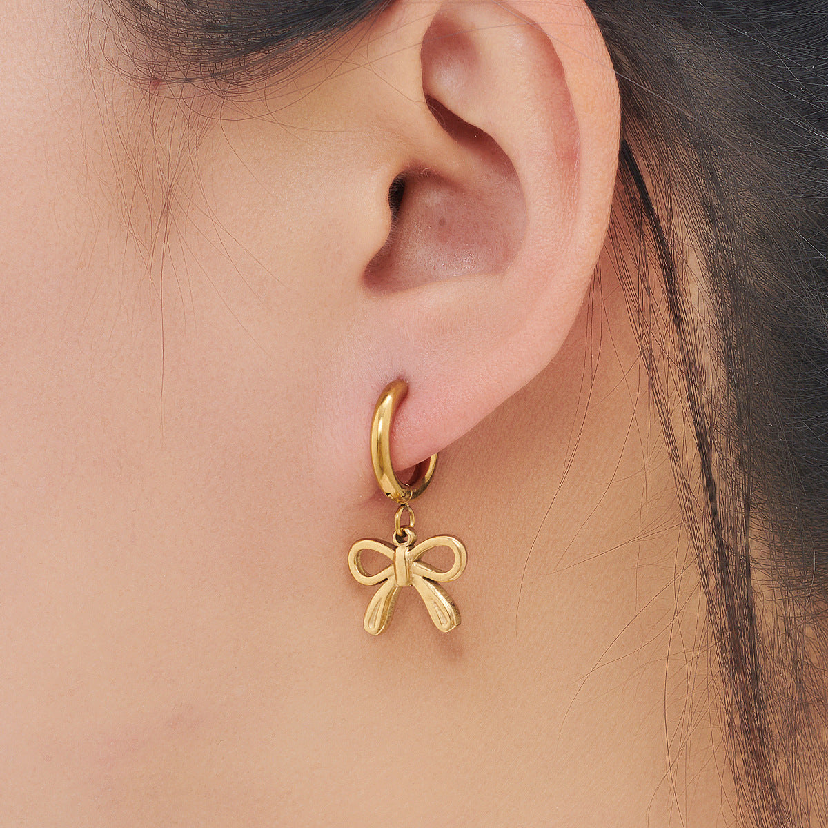 French Dainty Bow Dangle Huggie Hoop Earrings Waterproof 18K Gold Plated Stainless Steel Cute Bow Drop Earrings for Women Girls