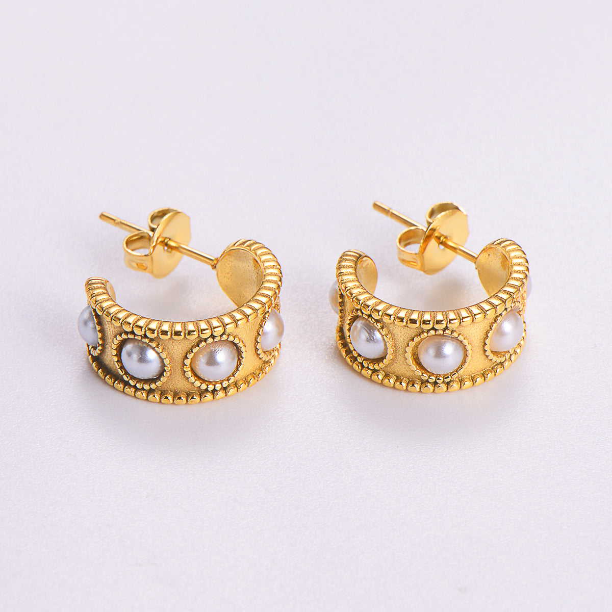 RobRia 18K Gold Plated Pearl Huggie Hoop Earrings – Non Tarnish Stainless Steel Mini C-Shaped Earrings for Women
