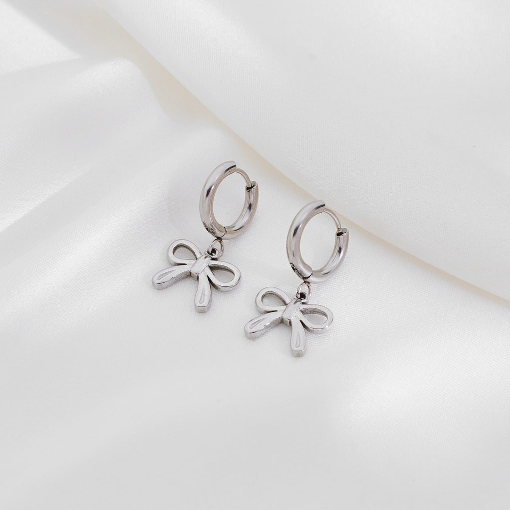 French Dainty Bow Dangle Huggie Hoop Earrings Waterproof 18K Gold Plated Stainless Steel Cute Bow Drop Earrings for Women Girls