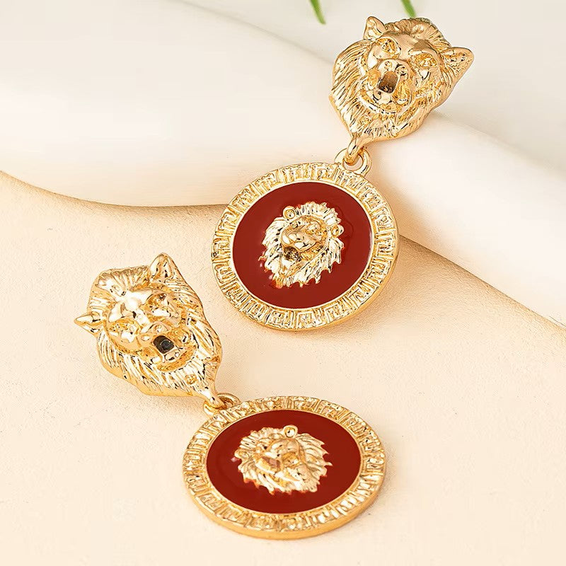 Gold Lion Head Statement Earrings for Women – Crystal Rhinestone Drop Dangle Earrings with Black Enamel Accents – Bold Fashion Jewelry, Gift for Her