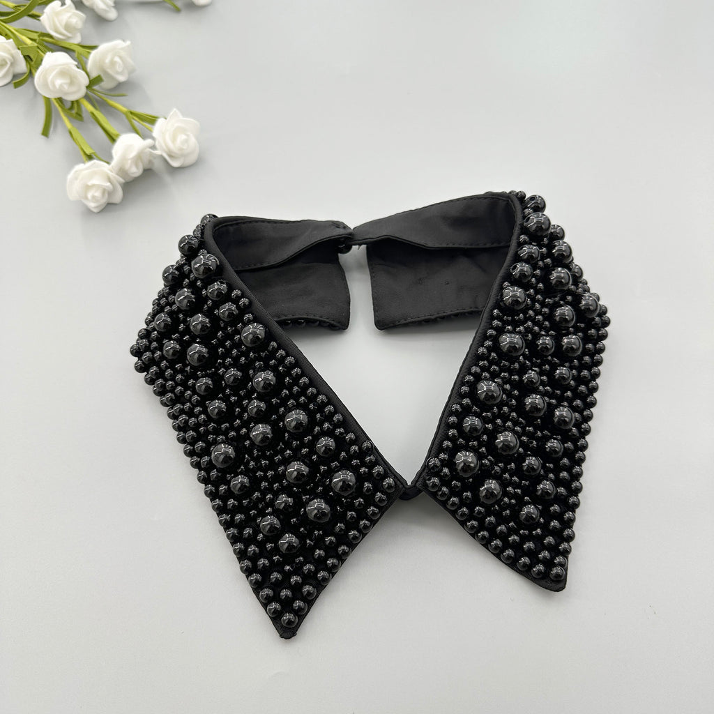 Detachable Fake Beaded Pearl Collar Accessory for Sweaters, Dresses & Blouses – Black or White Statement Collar