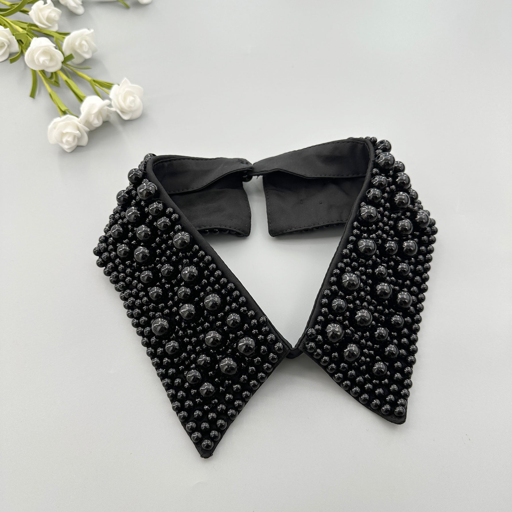 Detachable Fake Beaded Pearl Collar Accessory for Sweaters, Dresses & Blouses – Black or White Statement Collar