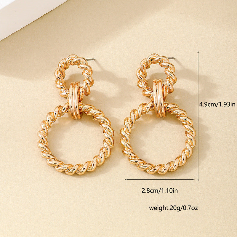 Twisted Rope Double Hoop Earrings for Women – Stainless Steel Statement Dangle Earrings, Lightweight Textured Round Hoops in Polished Gold Tone