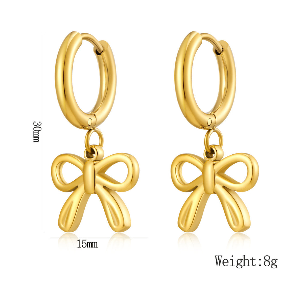 French Dainty Bow Dangle Huggie Hoop Earrings Waterproof 18K Gold Plated Stainless Steel Cute Bow Drop Earrings for Women Girls