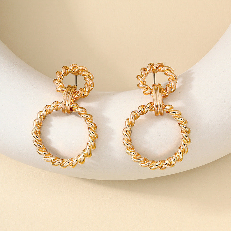 Twisted Rope Double Hoop Earrings for Women – Stainless Steel Statement Dangle Earrings, Lightweight Textured Round Hoops in Polished Gold Tone