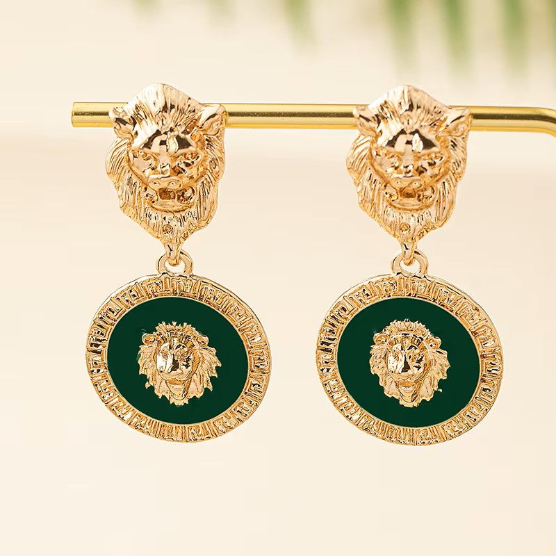 Gold Lion Head Statement Earrings for Women – Crystal Rhinestone Drop Dangle Earrings with Black Enamel Accents – Bold Fashion Jewelry, Gift for Her