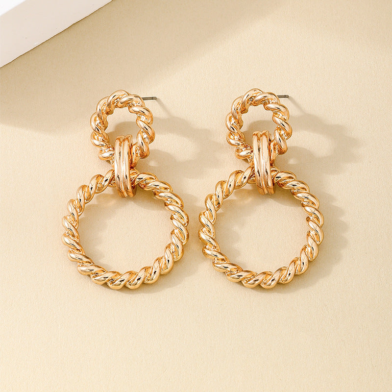 Twisted Rope Double Hoop Earrings for Women – Stainless Steel Statement Dangle Earrings, Lightweight Textured Round Hoops in Polished Gold Tone