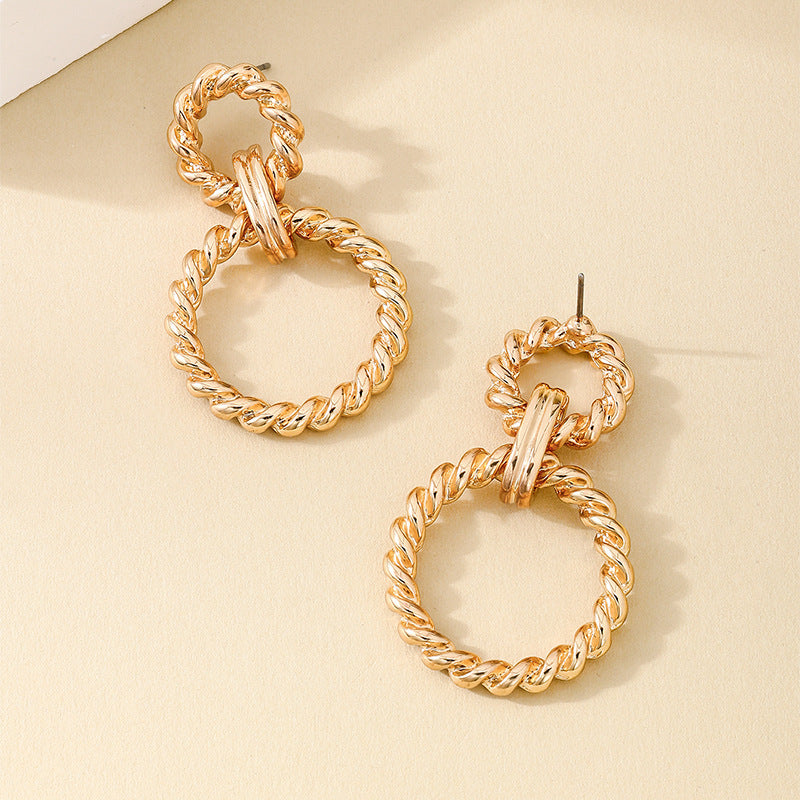 Twisted Rope Double Hoop Earrings for Women – Stainless Steel Statement Dangle Earrings, Lightweight Textured Round Hoops in Polished Gold Tone