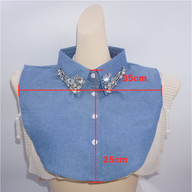 Korean Style Rhinestone Denim False Collar for Women – Detachable Pure Cotton Shirt Collar with Diamond Decoration