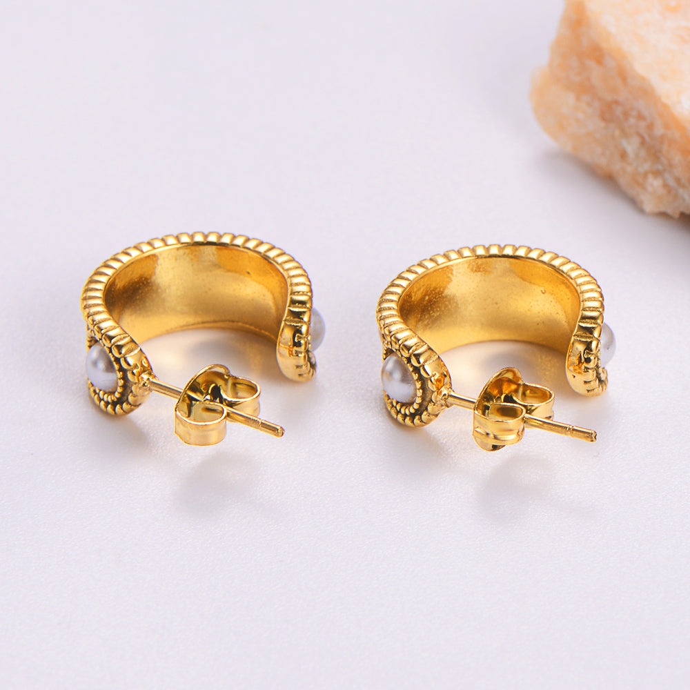 RobRia 18K Gold Plated Pearl Huggie Hoop Earrings – Non Tarnish Stainless Steel Mini C-Shaped Earrings for Women