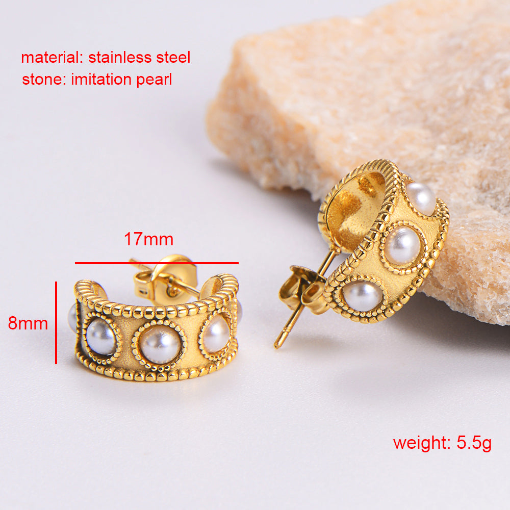 RobRia 18K Gold Plated Pearl Huggie Hoop Earrings – Non Tarnish Stainless Steel Mini C-Shaped Earrings for Women