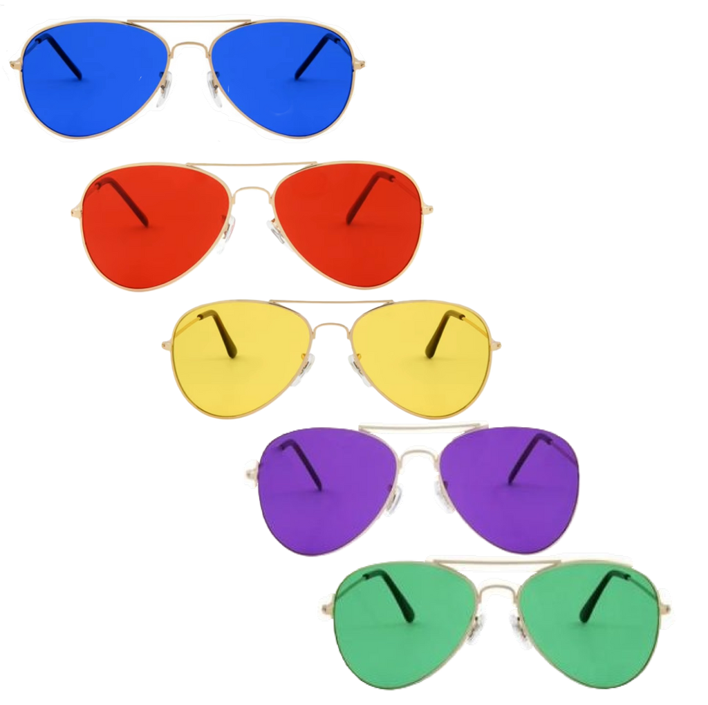 RobRia Mood Boost 5-Pack Aviator Style Color Therapy Glasses – Tinted Lens for Mood Enhancement, Chakra Balance, Meditation, Relaxation – Red, Yellow, Blue, Green, Purple