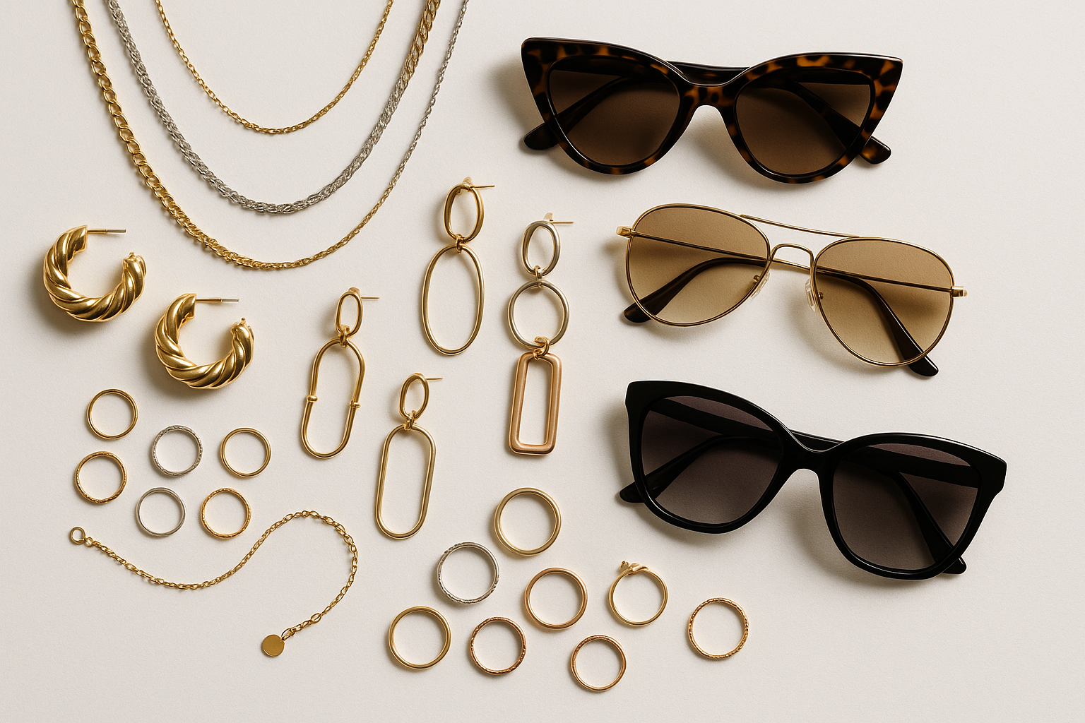 assorted fashion jewelry and trendy sunglasses