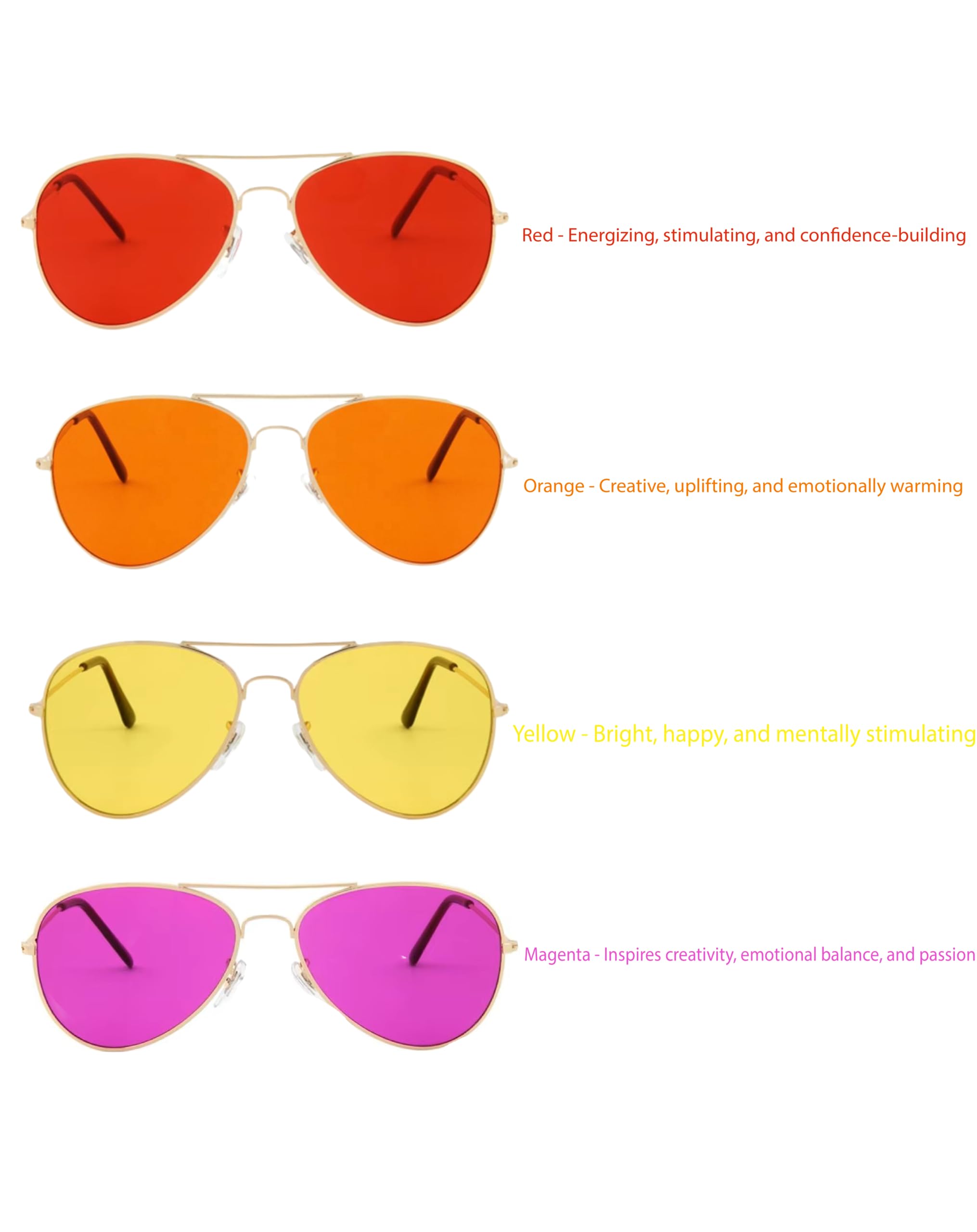 Aviator Style Color Therapy Glasses – Confidence Kit 4-Pack (Red, Orange, Magenta, Yellow) | Energy-Boosting Chromotherapy Glasses for Mood, Motivation, and Positive Vibes