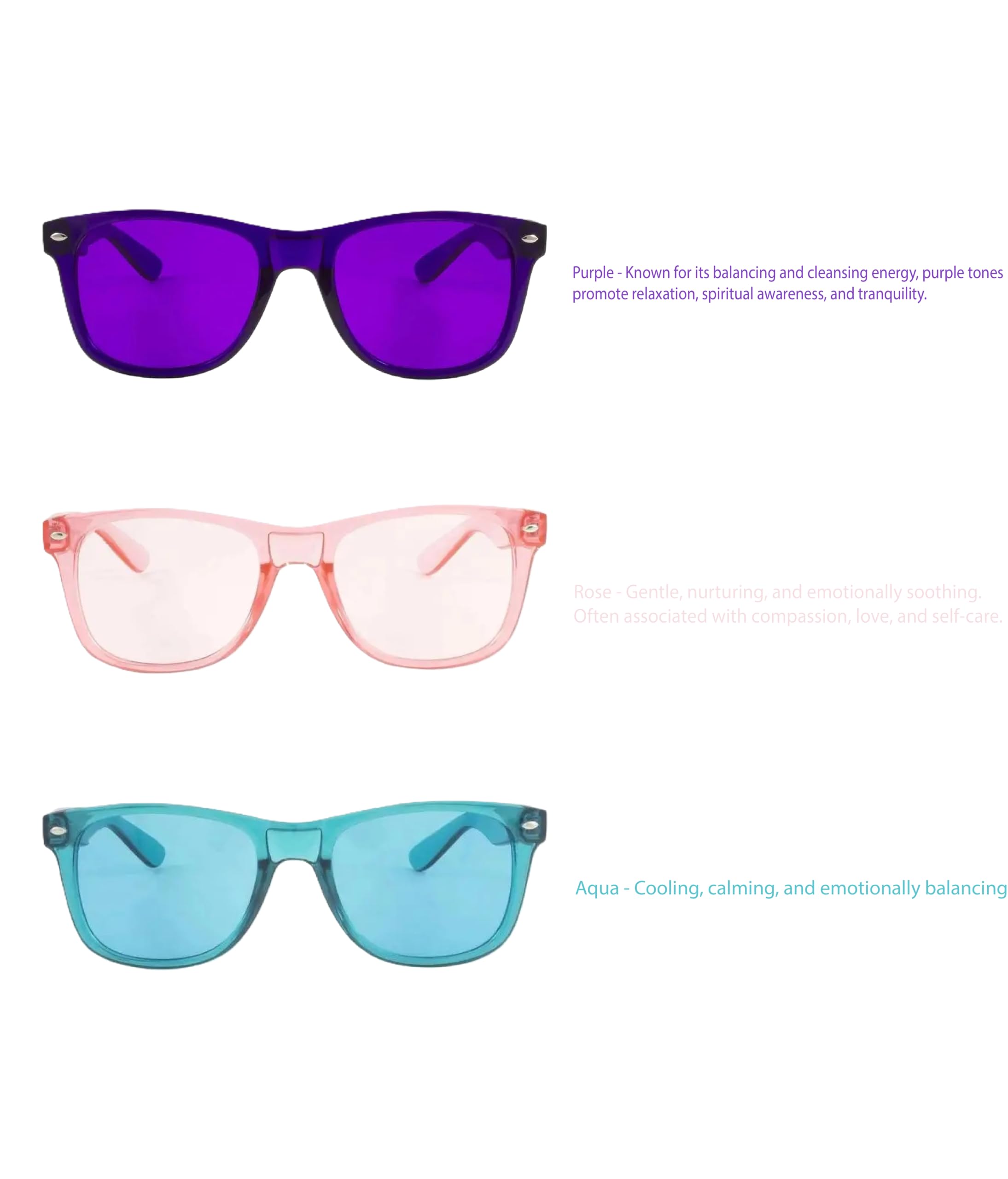 Color Therapy Glasses – Relaxation 3-Pack (Rose, Aqua, Purple) | Soothing Tinted Glasses for Stress Relief, Calm, and Better Sleep