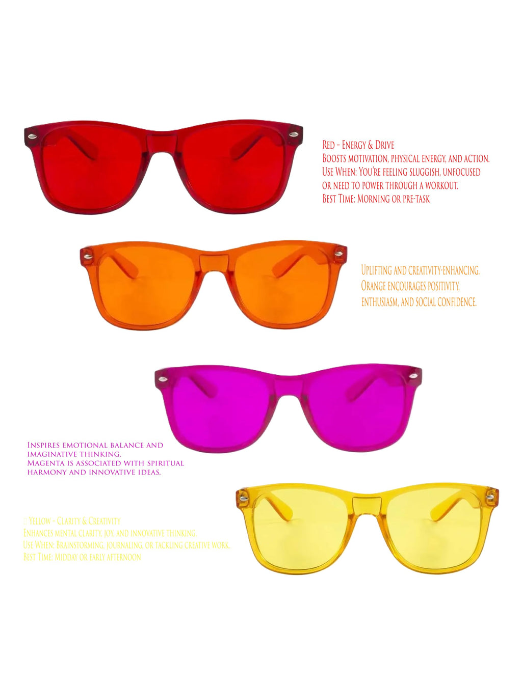Color Therapy Glasses – Confidence Kit 4-Pack (Red, Orange, Magenta, Yellow) | Energy-Boosting Chromotherapy Glasses for Mood, Motivation, and Positive Vibes