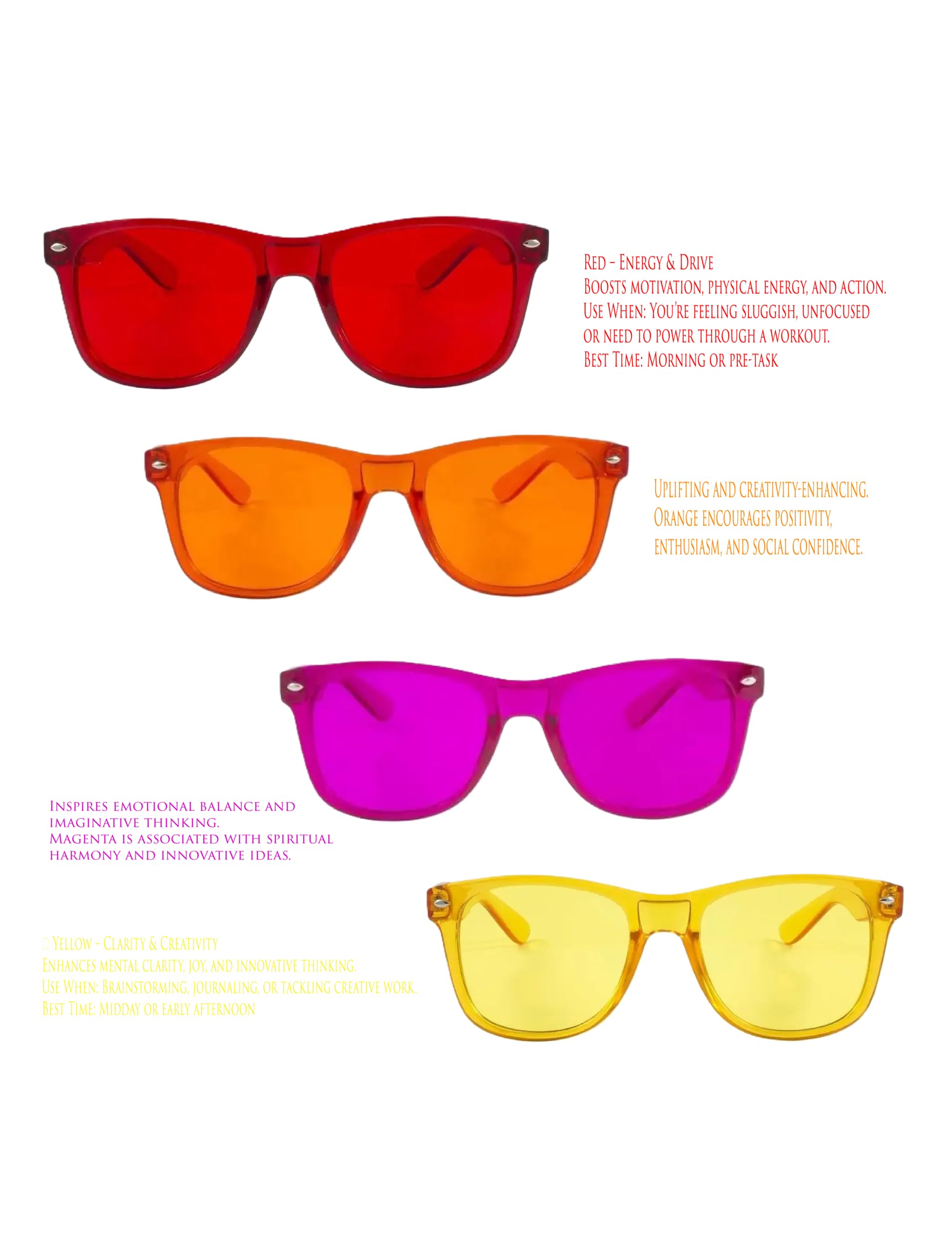 Color Therapy Glasses – Confidence Kit 4-Pack (Red, Orange, Magenta, Yellow) | Energy-Boosting Chromotherapy Glasses for Mood, Motivation, and Positive Vibes