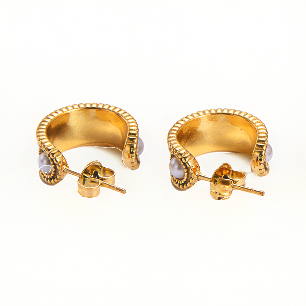 RobRia 18K Gold Plated Pearl Huggie Hoop Earrings – Non Tarnish Stainless Steel Mini C-Shaped Earrings for Women