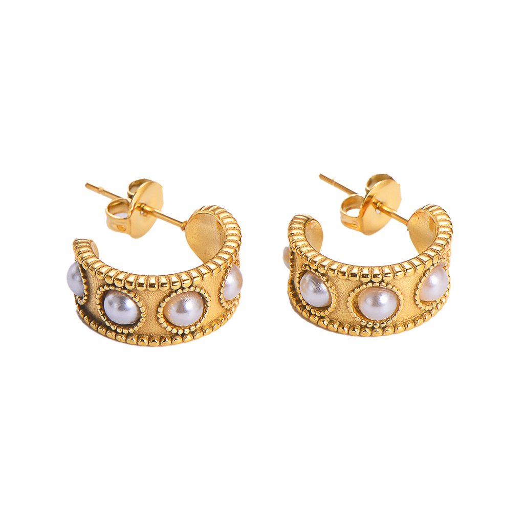 RobRia 18K Gold Plated Pearl Huggie Hoop Earrings – Non Tarnish Stainless Steel Mini C-Shaped Earrings for Women