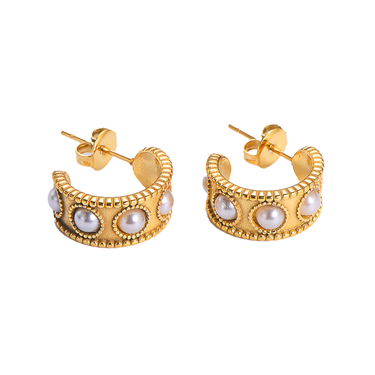 RobRia 18K Gold Plated Pearl Huggie Hoop Earrings – Non Tarnish Stainless Steel Mini C-Shaped Earrings for Women