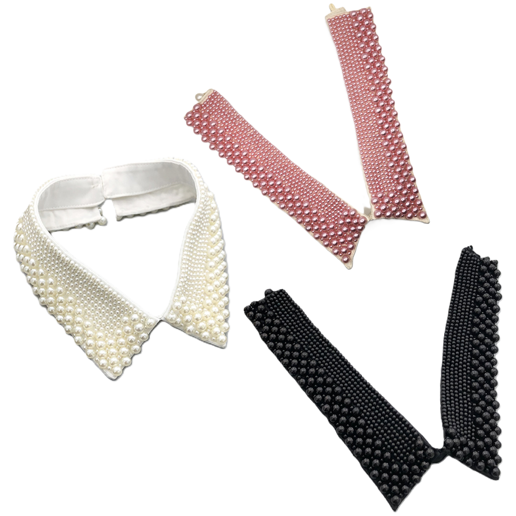 Beaded Pearl Collar – Detachable Faux Collars in White, Pink, or Black for Sweaters, Dresses & Blouses