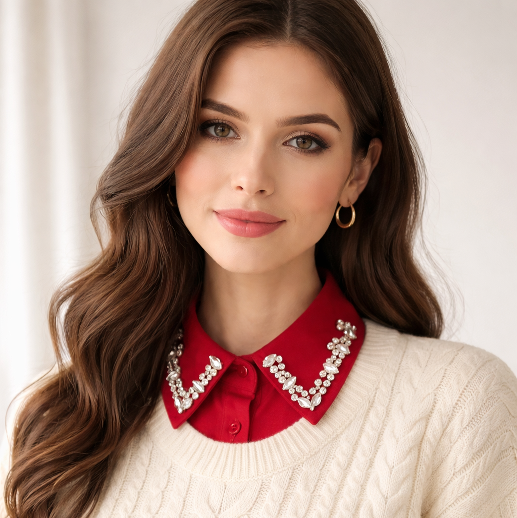 Rhinestone Detachable Collar for Women – Red Statement False Collar Necklace, Elegant Removable Shirt Collar for Sweaters, Dresses & Blouses